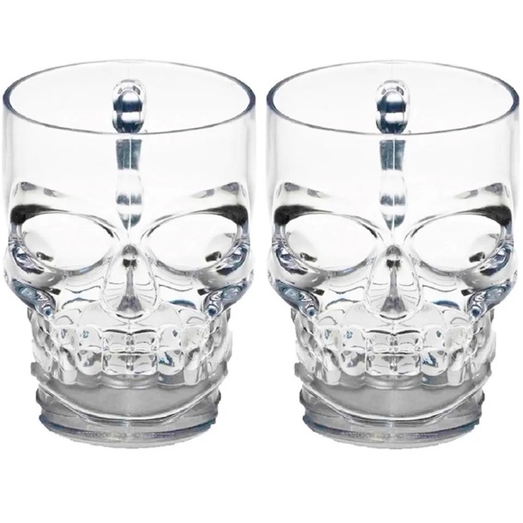 Skeleton Clear Heavy Base Glass Skull Face Drinking Mugs Set of 2 Beer Cups - Picture 1 of 4